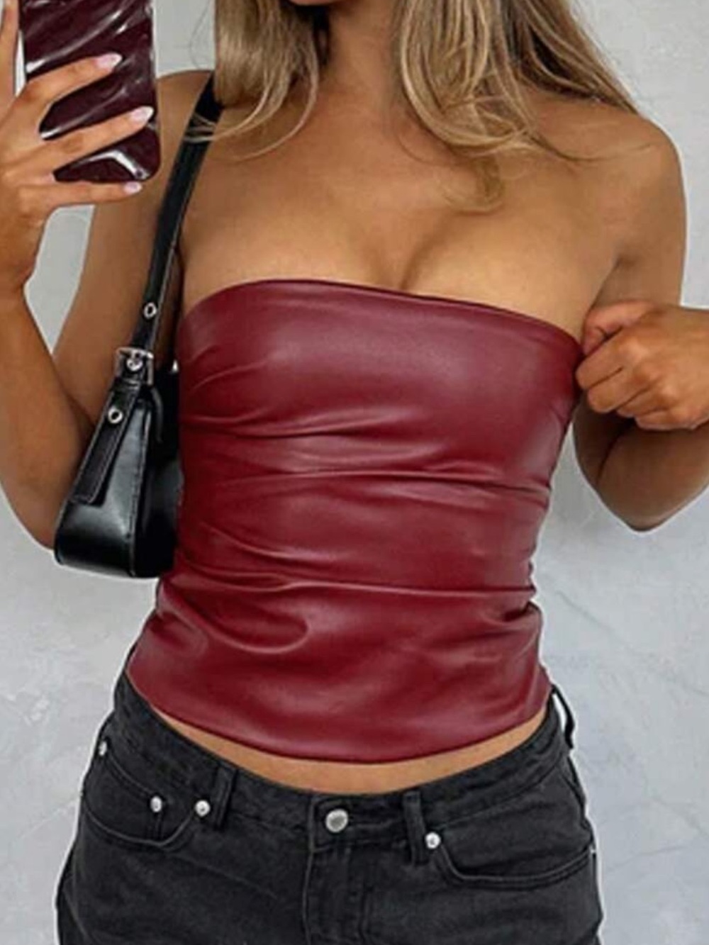 Burgundy Faux Leather Strapless Top